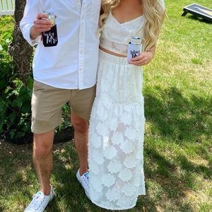 Two piece white floral skirt and top set